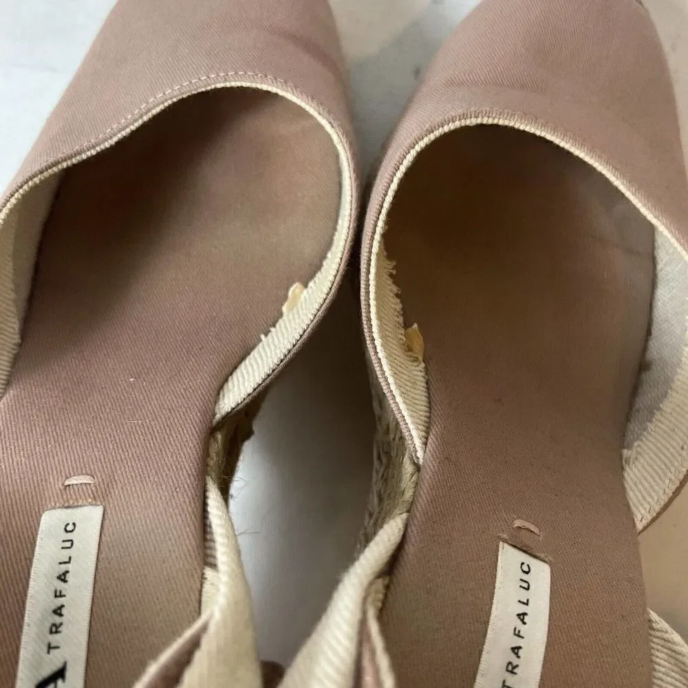 Zara Trafaluc Tan Dusty Rose Espadrille Tie Up Wedges Womens Sz EU 41 US 10-10.5